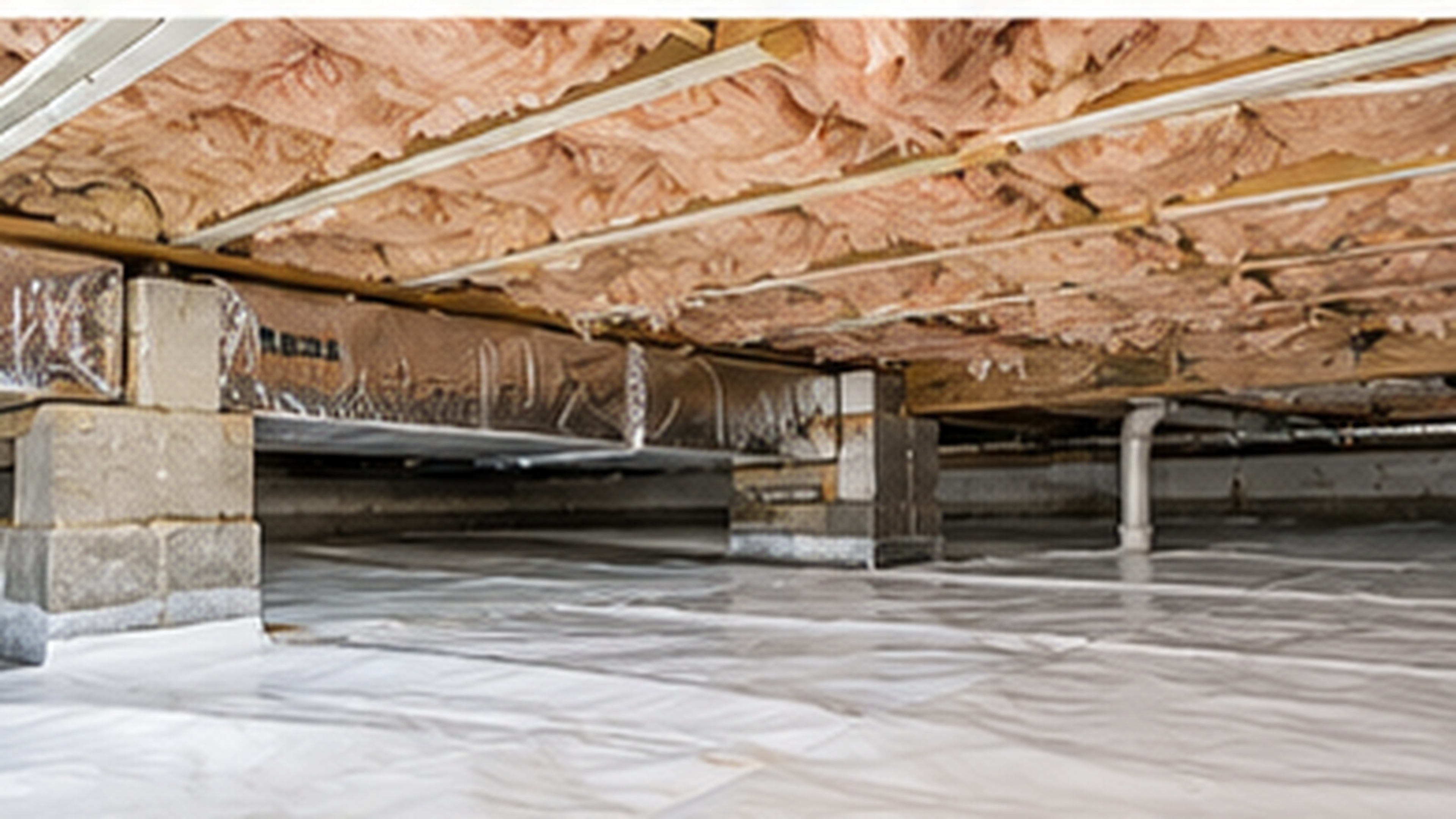 Crawl space insulation with vapor barrier and HVAC ductwork