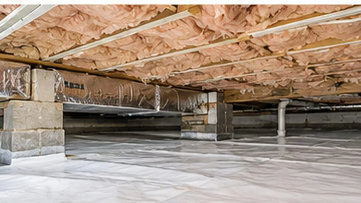 Crawl space insulation with vapor barrier and HVAC ductwork in a Raleigh home