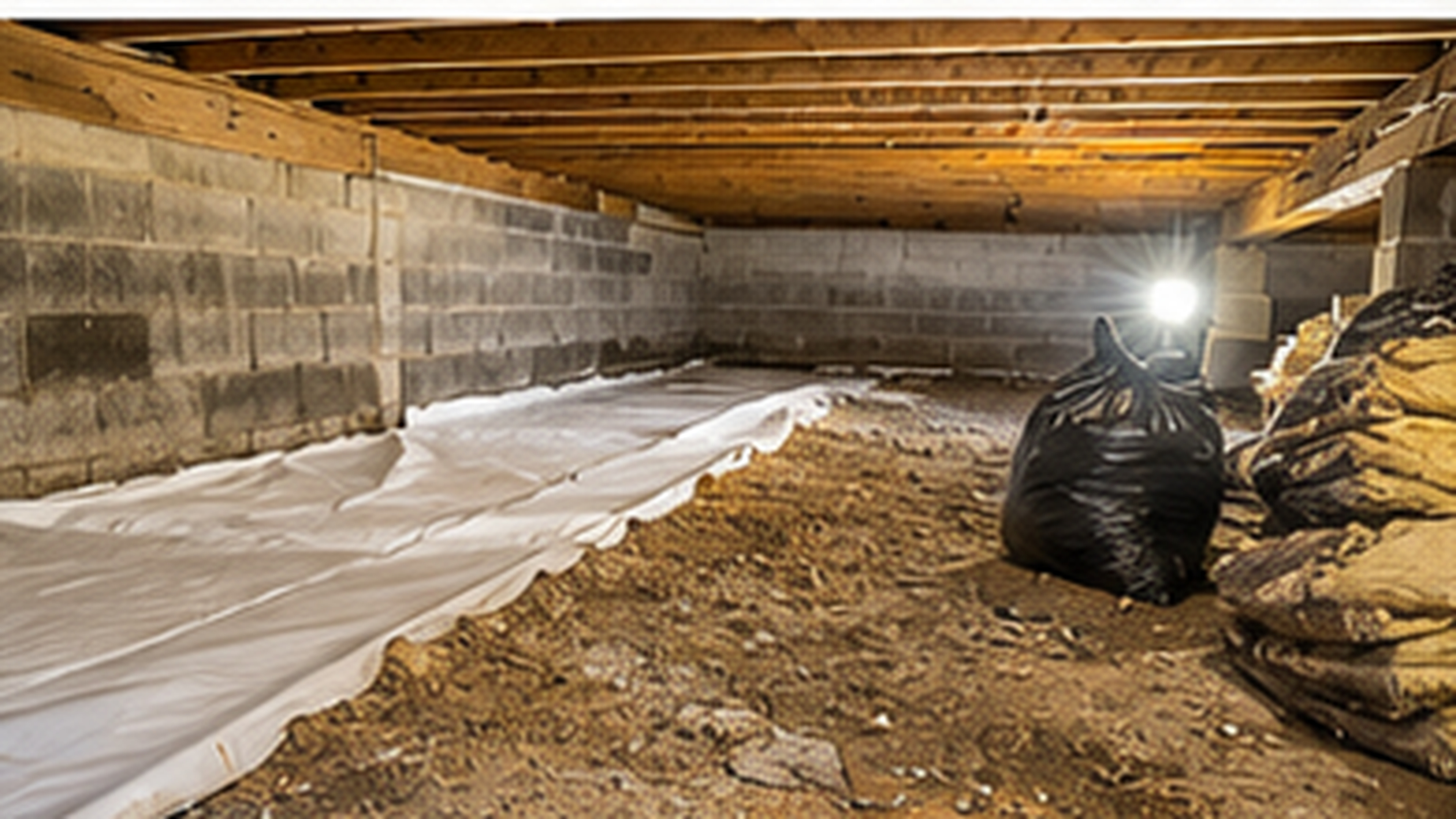 Crawl space cleaning and debris removal in progress