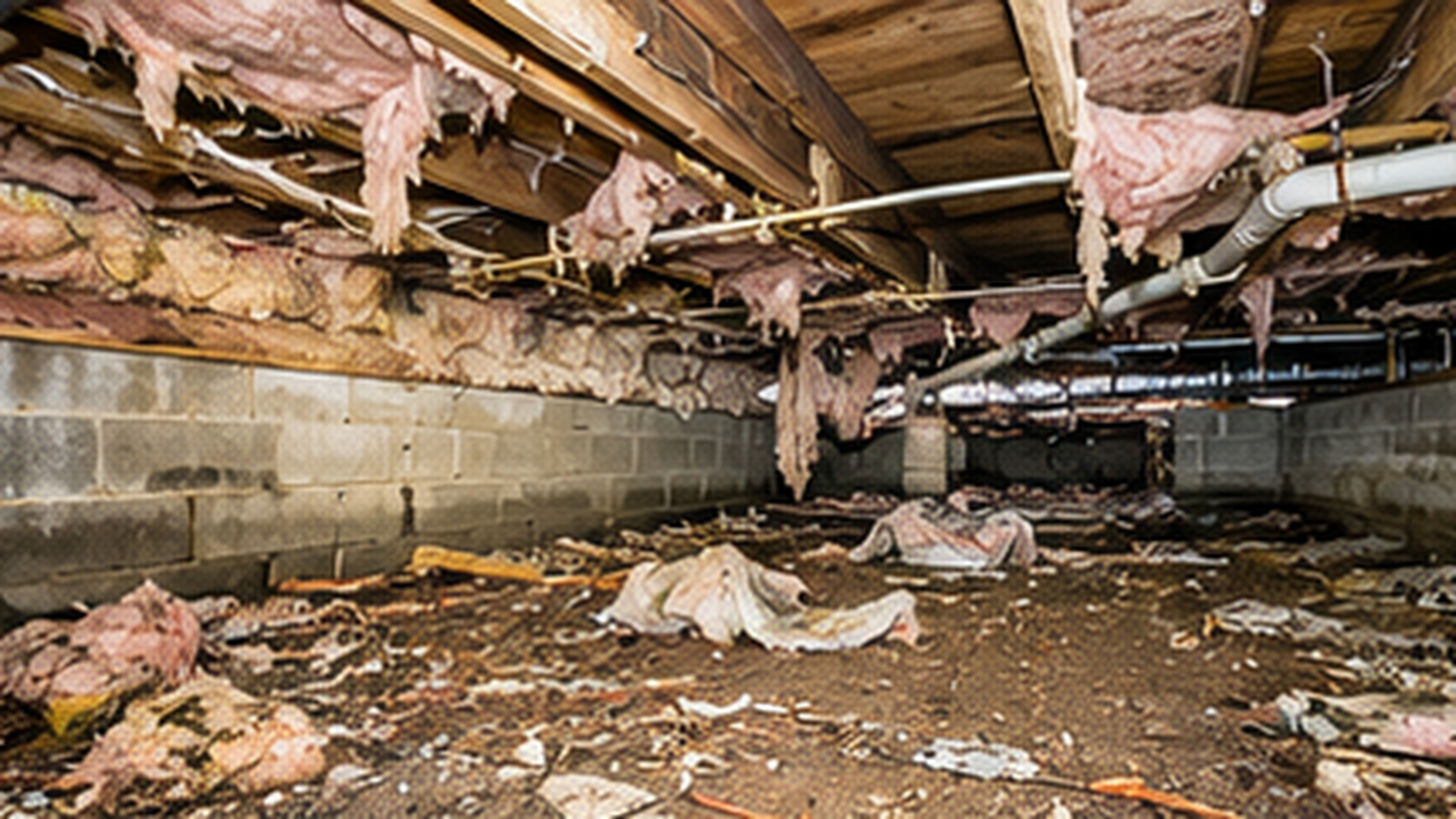 Damaged crawl space with fallen insulation and debris